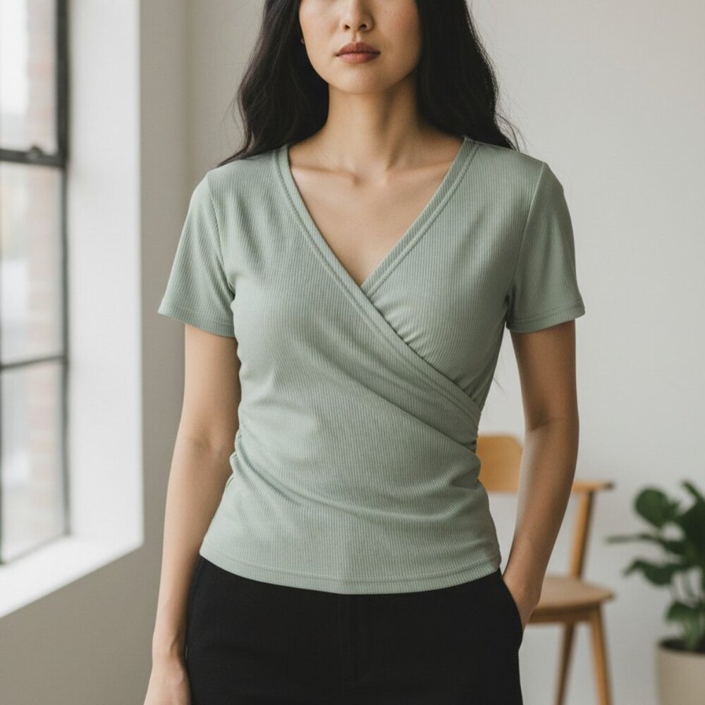 (D-108)SHEIN Women Sage Green Ribbed Wrap V-Neck Top Short‎ Sleeve Size M